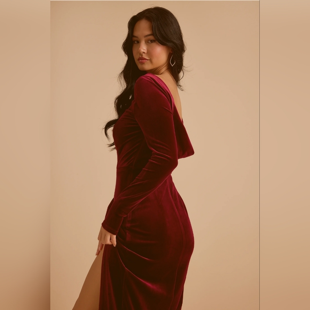 Elegant Burgundy Velvet Dress With Low Cowl Back And High Slit